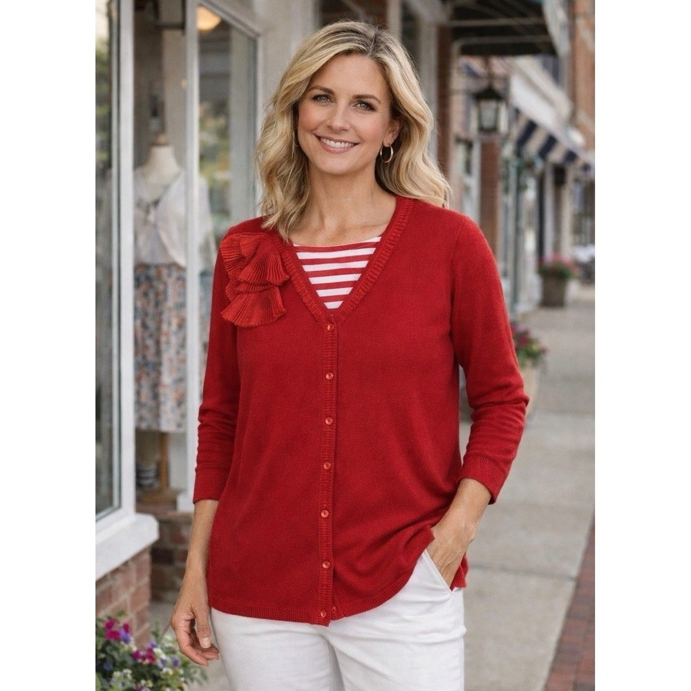 Rafaella Red Button Up Cardigan Sweater Size 1X Ruffle Detail Discontinued